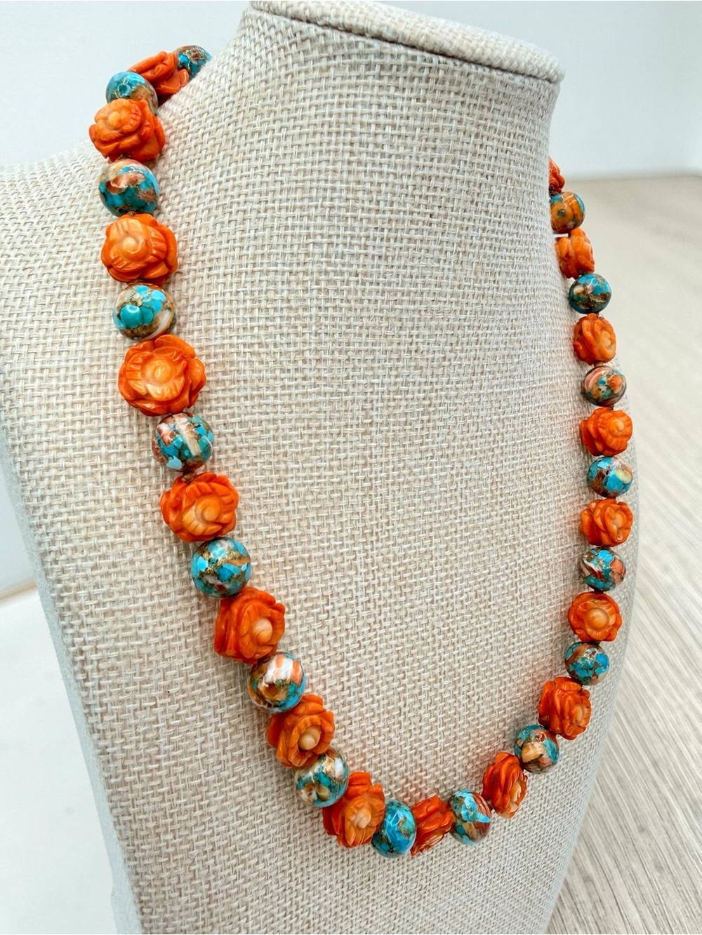 Artisan Spiny Oyster Mohave Copper Turquoise Coral Roses Sterling Necklace 18” - Picture 8 of 17